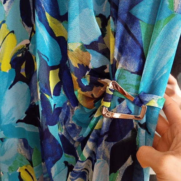 Kate and Lily Womens Sz 14W Green/Blue Floral sheer long sleeve Dress - Picture 4 of 11